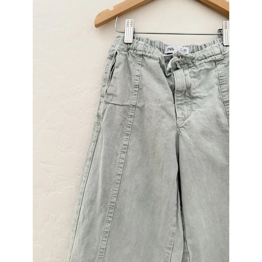 Zara Girls Sage Green Wide Leg Pants Size 7 Drawstring Waist